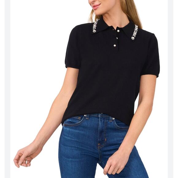 CeCe Embroidered Collar Short Sleeve Polo Sweater Rich Black Women's Size L NWT - Picture 1 of 9
